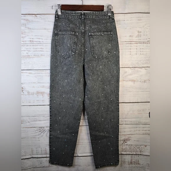 NWOT Le Lis High Rise Gray/black Denim Jeans Women Size 24 Xsmall Rhinestones - Picture 2 of 4